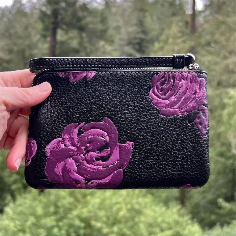COACH Black Leather Wristlet Wallet in Purple Rose Floral Print NWT AUTHENTIC